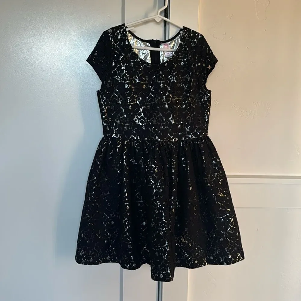 Justice Girl’s Size 10 Black Silver Dress Casual Formal Special Wear Lace EUC
